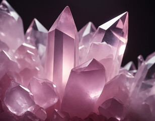 Cluster of transparent pink crystals, close-up on black background