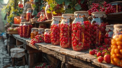 Homemade organic jams and preserves, farmer&acirc;&euro;&trade;s market stall, homemade. Photorealistic. HD.