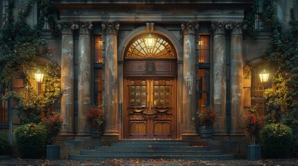 Historic library facade with spotlights, night readers entering â€“ Literary light. Photorealistic. HD.