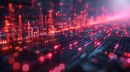 Show a futuristic visualization of financial analytics with a Data Matrix background where layers of numerical data and financial symbols form a coherent, interactive market trend chart.