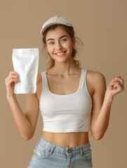 Casual Style Woman Presenting a Blank Snack Pouch. Generative ai