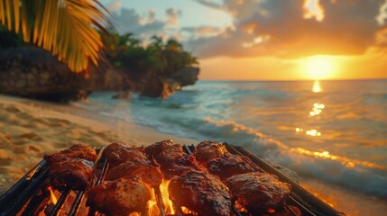 Jamaican jerk chicken, beach cookout, sunset, lively music, festive atmosphere. Photorealistic. HD.