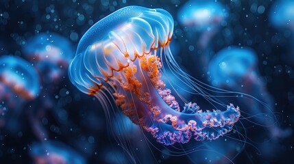 Jellyfish drifting gracefully in deep blue ocean waters, pulsing along currents. Photorealistic. HD.