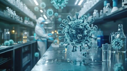 Medical research team examining the molecular structure of a virus in an enhanced lab. Photorealistic. HD.