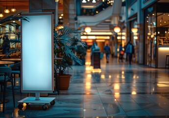 roll up mockup poster stand in an shopping center restaurant mall environment as poster stand banner design