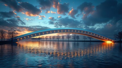 Fototapeta premium Modern steel bridge lit up at night, reflections on the water â€“ Illuminated engineering. Photorealistic. HD.
