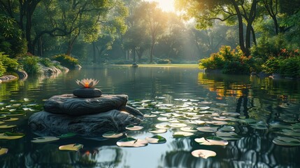Morning meditation and yoga by a tranquil pond, reflection, calm start . Photorealistic. HD.