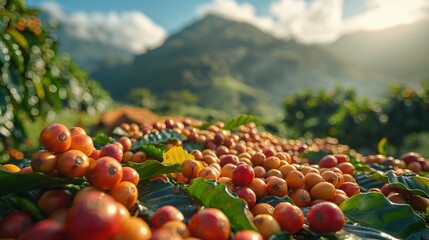 Organic coffee beans drying in the sun, mountainous farm landscape. Photorealistic. HD.