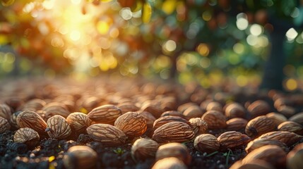 Organic nut orchard, almonds and pecans, sustainable snacking. Photorealistic. HD.