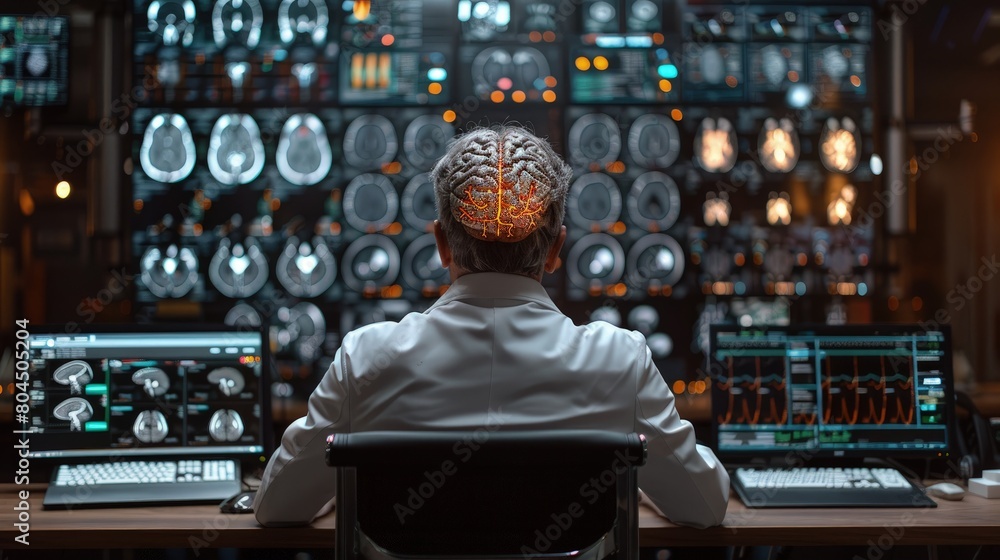 Poster radiologist analyzing a 3d mri scan of the brain on high-resolution monitors in a dark room. photore