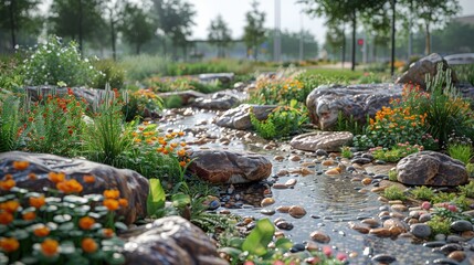 Rain garden construction for stormwater absorption, community volunteers. Photorealistic. HD.