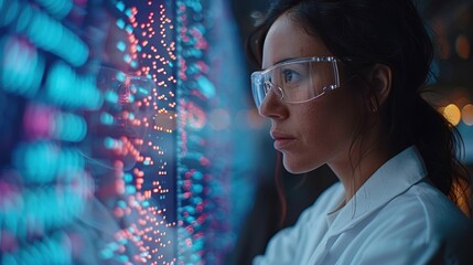 Research team using big data analytics to predict drug efficacy patterns. Photorealistic. HD.