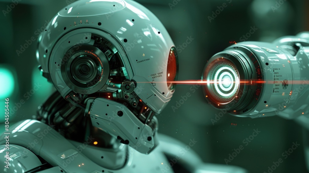 Poster robot performing precision optics alignment in a physics lab, high-tech environment. photorealistic.