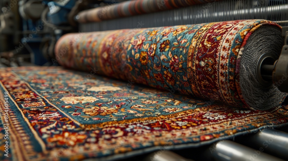 Poster robots weaving carpets in a textile factory, intricate patterns, automated weaving. photorealistic. 