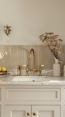 Kitchen painted in a cream shade, marble surface in a cream shade, modern country style.