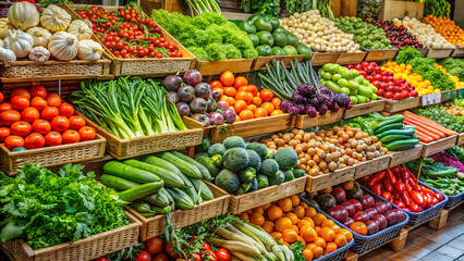 Variety of fruits and vegetables on a market stall