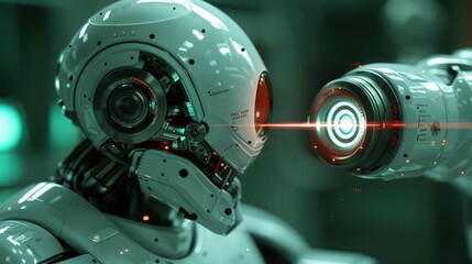 Fototapeta premium Robot performing precision optics alignment in a physics lab, high-tech environment. Photorealistic. HD.