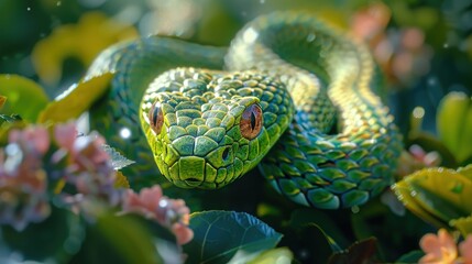Fototapeta premium Rough green snake in bushes, arboreal, insect hunter. Photorealistic. HD.