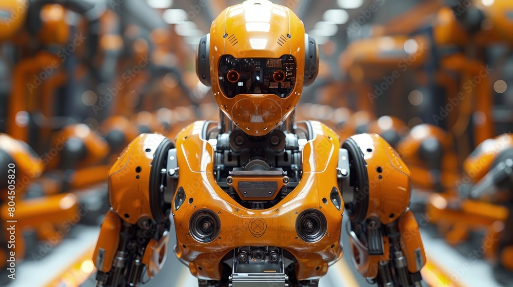 Poster smart factories% integrating robots for intelligent production systems. photorealistic. hd.