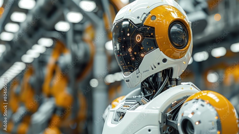 Poster smart factories% integrating robots for intelligent production systems. photorealistic. hd.