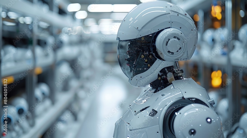Poster smart factories% integrating robots for intelligent production systems. photorealistic. hd.
