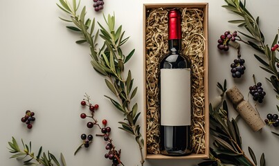 A bottle of red wine inside a gift box