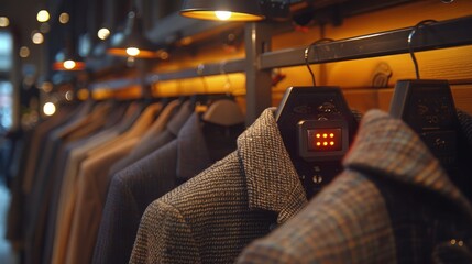 Smart security tags on retail clothing, anti-theft, discreet. Photorealistic. HD.