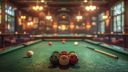 Snooker cues and chalk on green felt table, dimly lit old pub atmosphere . Photorealistic. HD. - Powered by Adobe