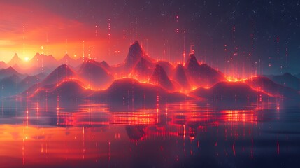 Visualize a dynamic geometric landscape where lines and shapes not only form an abstract pattern but also cleverly embed faint stock market charts, reflecting the underlying economic structures.