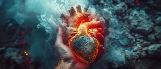 Abstract art featuring a mesh wireframe hand with geometric precision, closing around a delicate, translucent heart