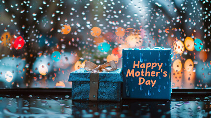 Happy Mother's Day on a rainy day window background with a raindrop blue gift box. Shiny text word colors.