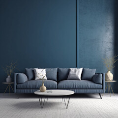 3D rendering of a modern cozy living room with a blue wall texture background 