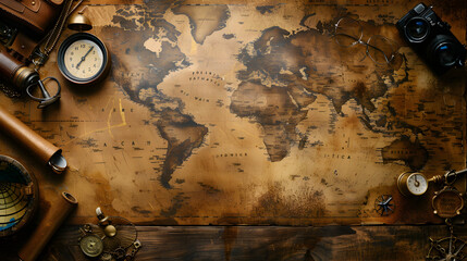 Vintage World Map with Explorer Accessories