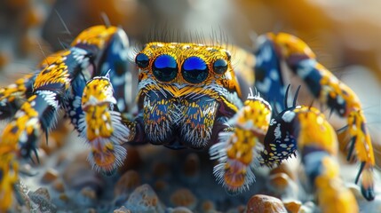 The vibrant dance of a peacock spider in Australiaâ€™s bushland. Photorealistic. HD.