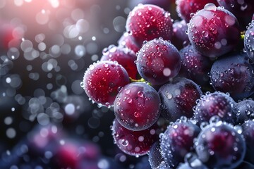 A close-up photograph of a bunch of purple grapes with water droplets on them against a dark...