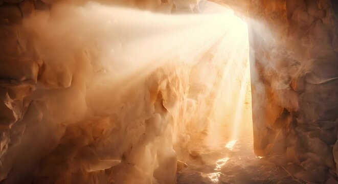 Light rays burst from empty tomb symbolizing Easter resurrection in Christianity. Concept Religious Symbols, Easter Resurrection, Christian Faith, Spiritual Art, Biblical Imagery