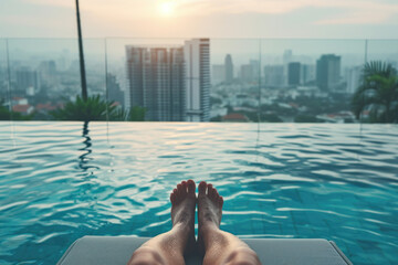 Relaxing poolside with a view Person lounging in pool chair with city skyline in the background