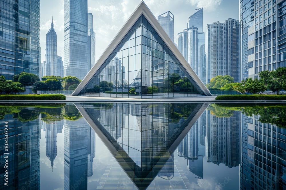 Poster A large building with a triangular shape is reflected in a large body of water
