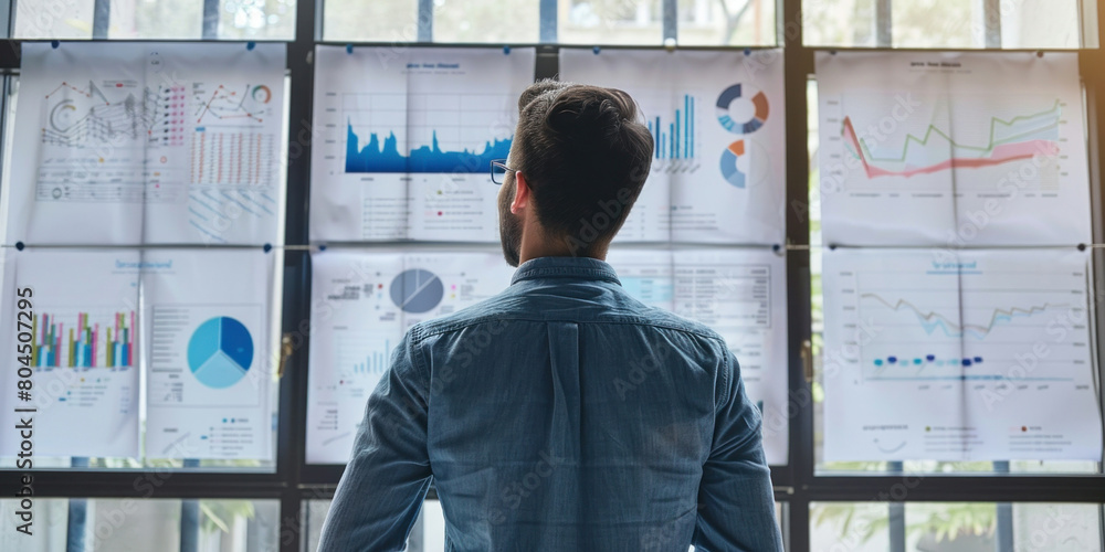 Aufkleber businessman analyzing financial charts and graphs in front of large window in modern office setting