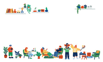 リビングでくつろぐ人々の手描きイラスト
