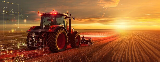 irrigation tractor driving spraying or harvesting an agricultural crop at sunset with information infographic data for agriculture industry