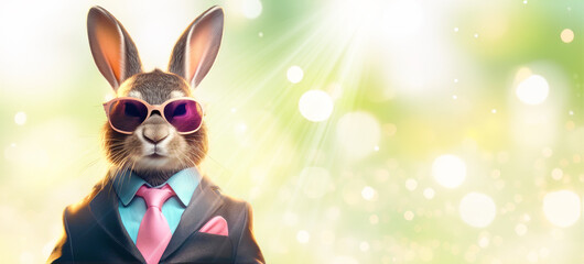 witziger Osterhase im Business Anzug mit rosa Sonnenbrille vor einem Frühling frischen hell grünen Hintergrund als Banner Vorlage und Hintergrund zu Ostern Grüße mit Sonnenstrahlen und Bokeh