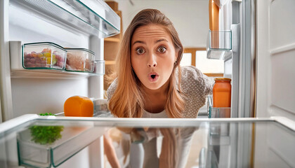 Extreme close-up of a young shocked woman looking in empty fridge at home, view from inside the refrigerator. Generative Ai.