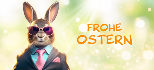 witziger Osterhase im Business Anzug mit rosa Sonnenbrille vor Frühling frischen hell grünen Hintergrund, Vorlage zu Ostern Grüße mit Schriftzug "Frohe Ostern" Sonnenstrahlen und Bokeh