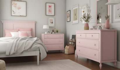 a bedroom with a pink bed and a white dresser.