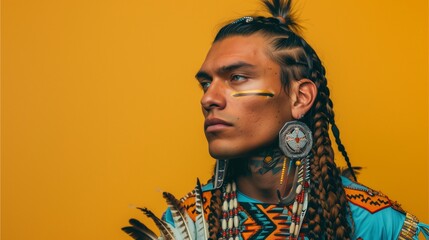 Portrait of a handsome young man from a Native American. red indian tribe