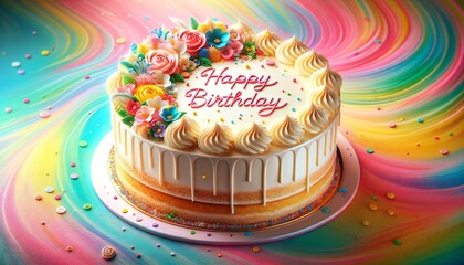 Illustration of Happy birthday cake with cream and flowers on colorful background.