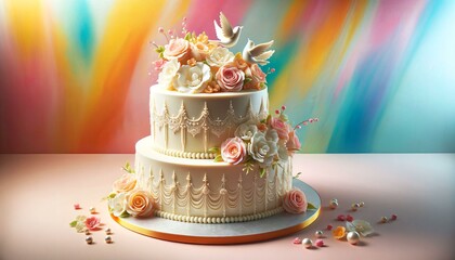 Illustration of layered creamy wedding cake with flowers on colorful background.