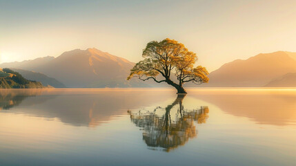 A large tree is reflected in the water of a lake. The scene is serene and peaceful, with the tree standing out as a focal point