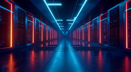 Neon-Lit Data Center Server Room with Blue and Red Lights